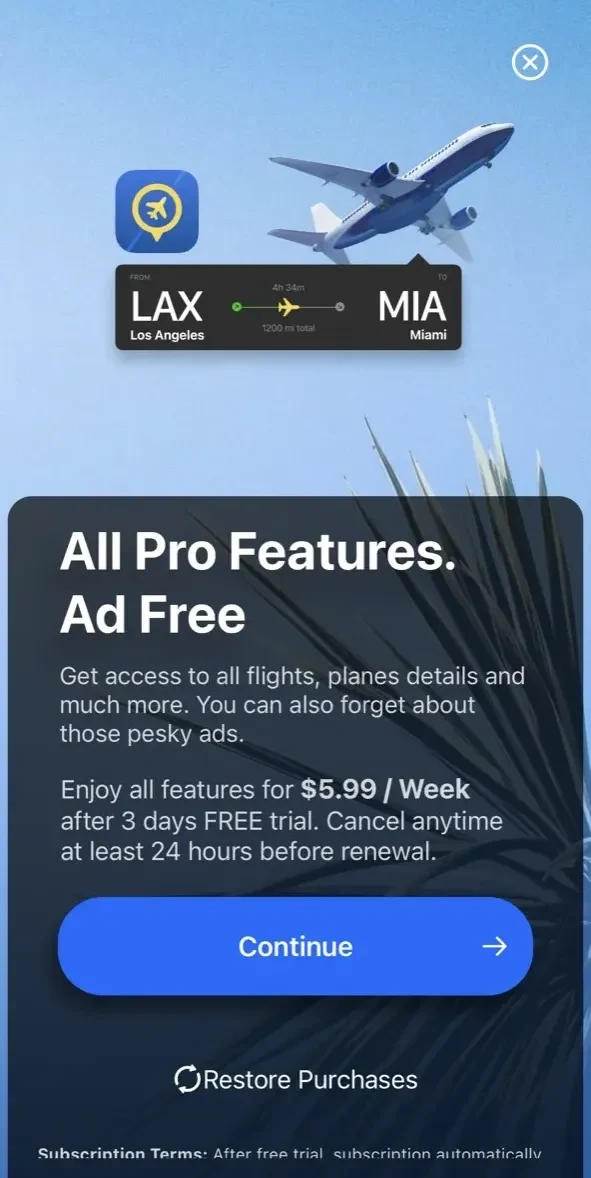 Flight Tracker Live paywall screen