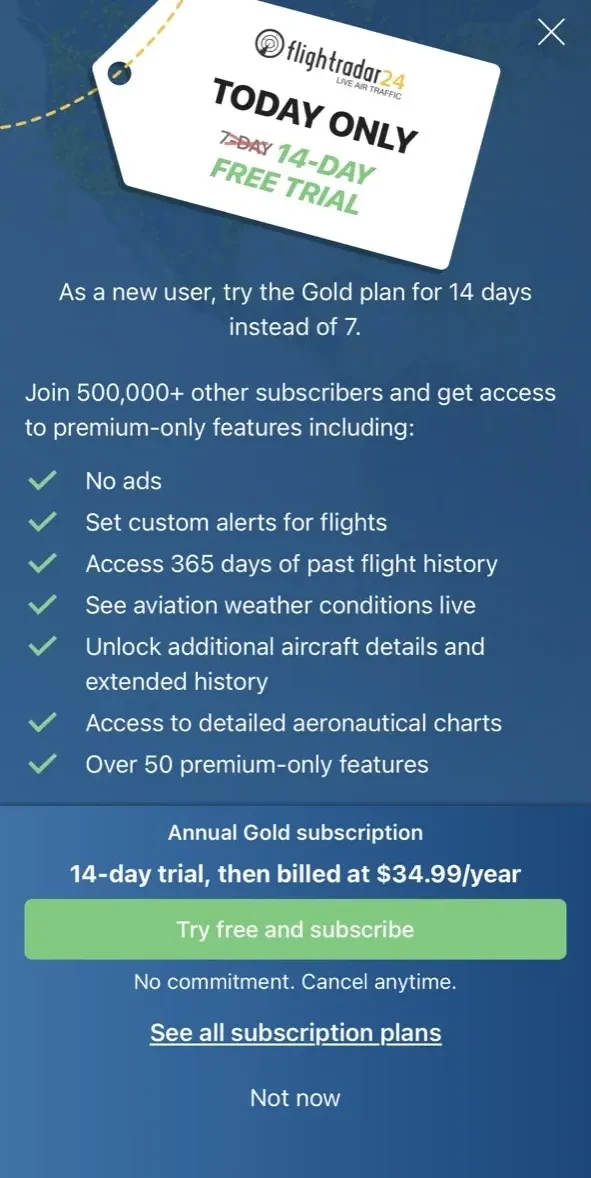 Flightradar24 paywall screen