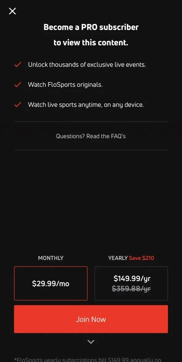 FloSports paywall screen