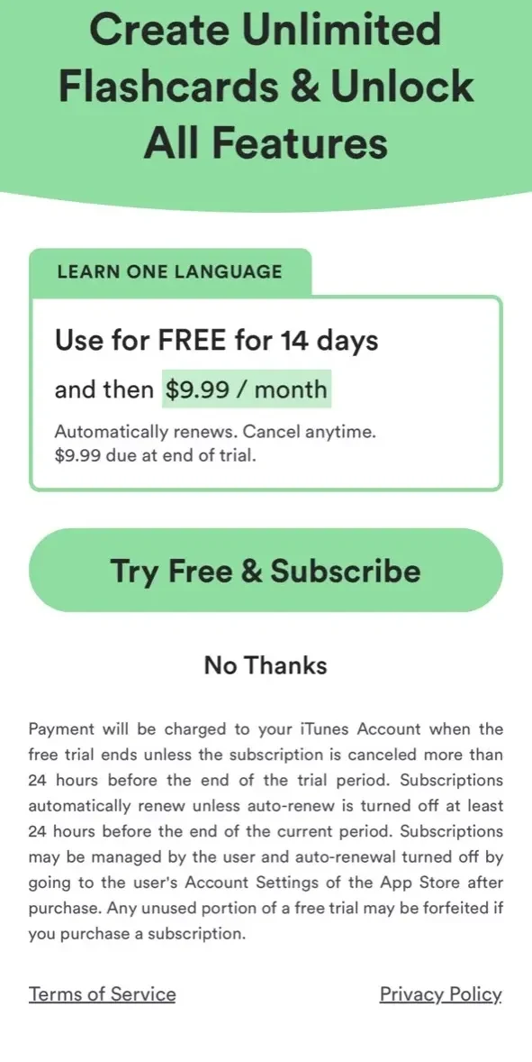 Fluent Forever paywall screen