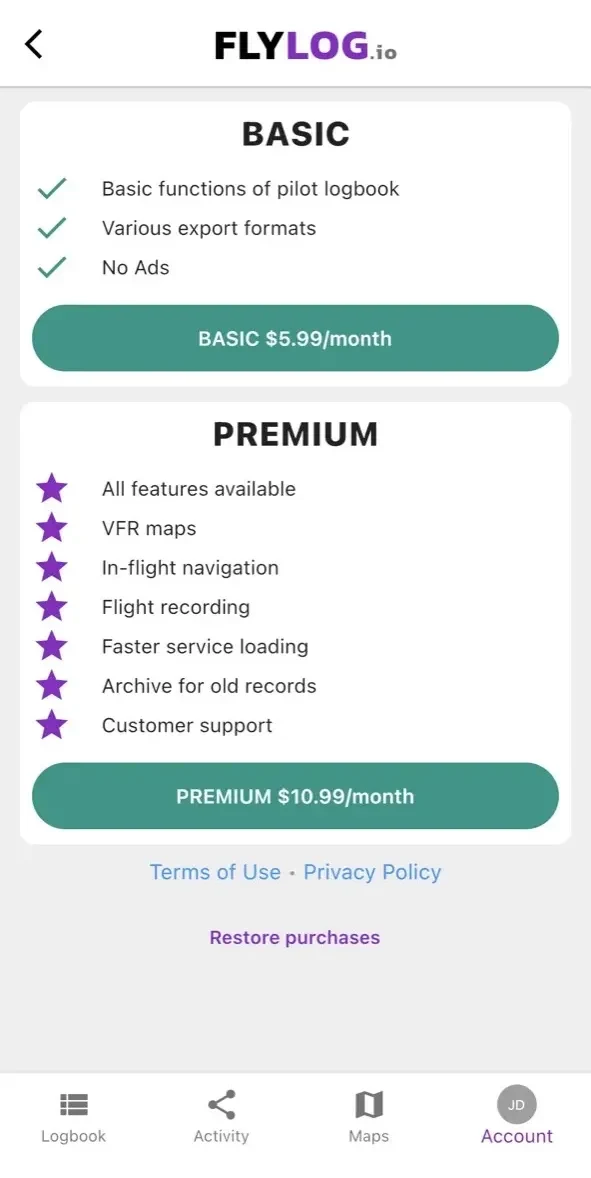 FLYLOG.io paywall screen