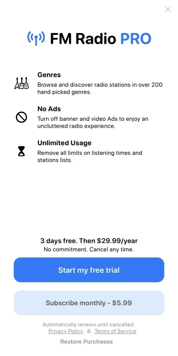 FM Radio App paywall screen