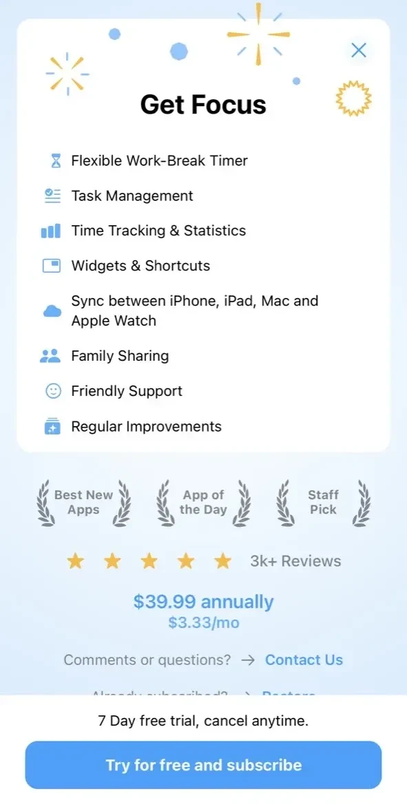 Focus paywall screen