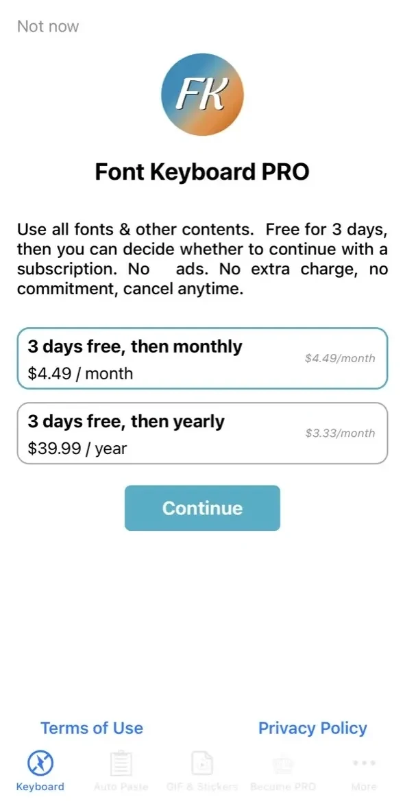 Font Keyboard paywall screen
