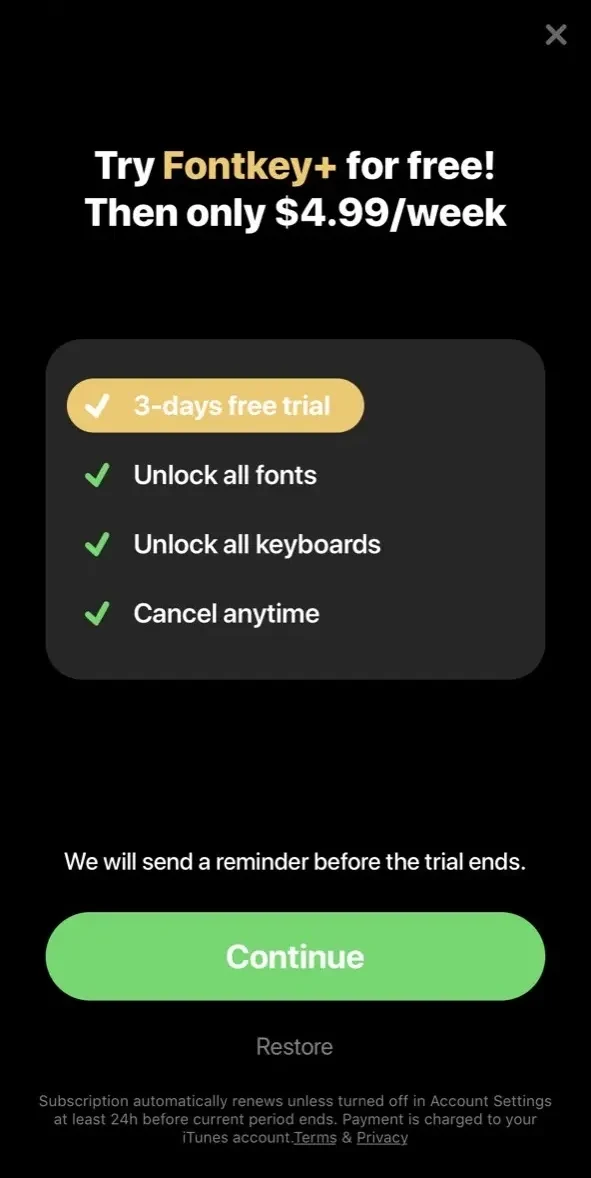 Fontkey paywall screen