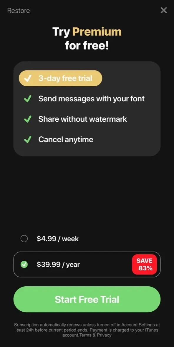 Fontmaker paywall screen