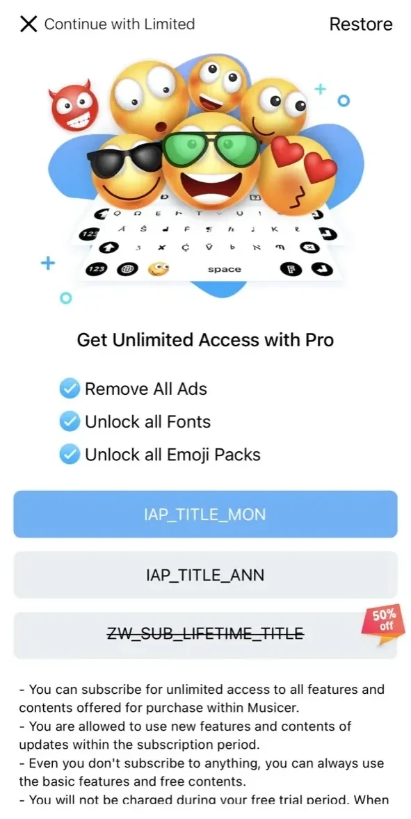 Fonts paywall screen