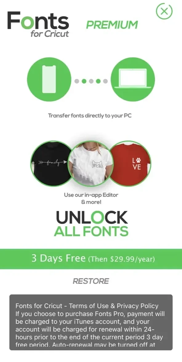 Fonts paywall screen