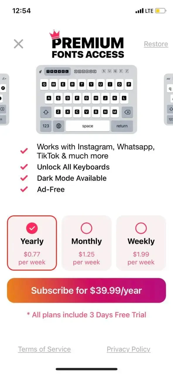 Fonts Keyboard paywall screen