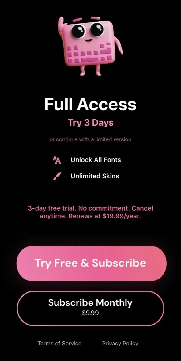 Fonts paywall screen