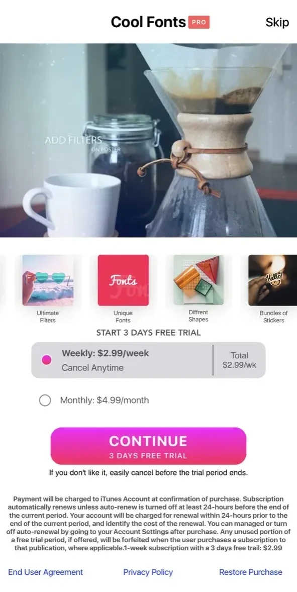 Fonts keyboard iphones app paywall screen