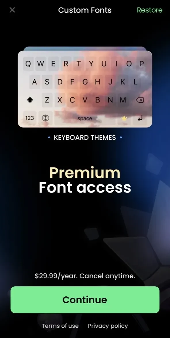Fonts＋Keyboard Themes paywall screen