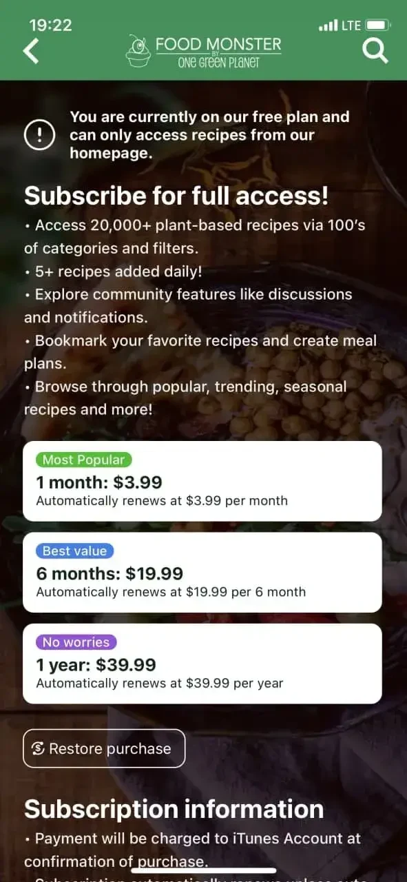 Food Monster paywall screen