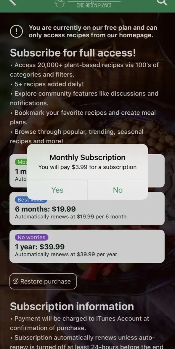 Food Monster paywall screen