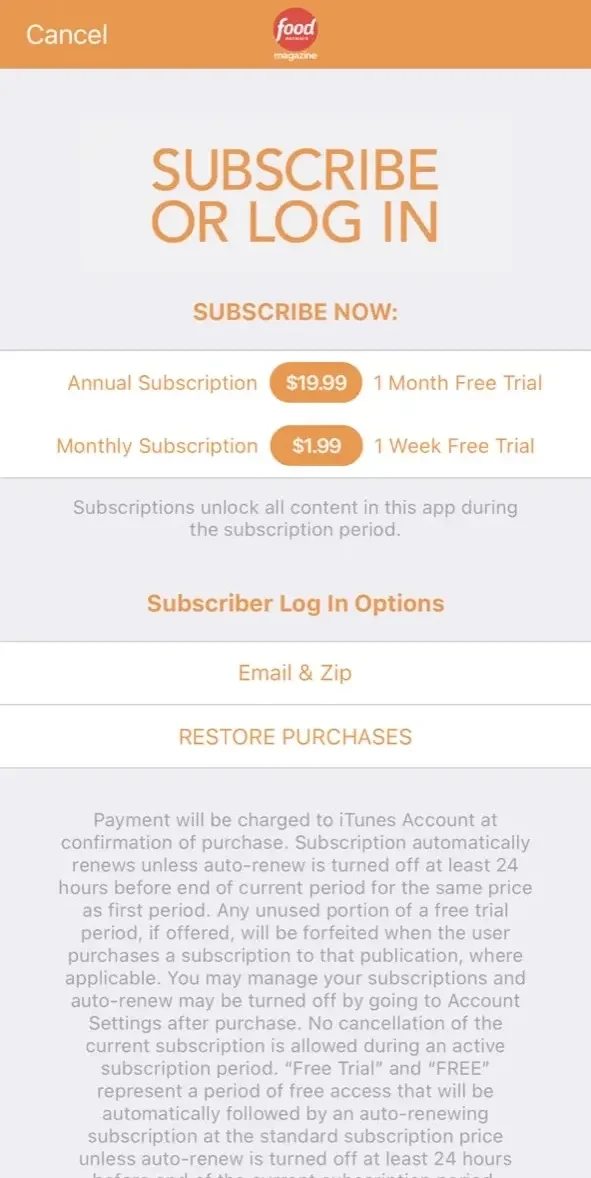 Food Network Magazine US paywall screen