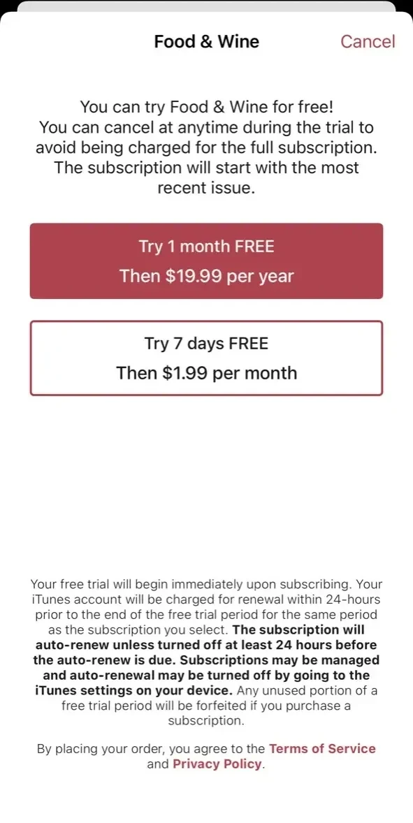 FOOD paywall screen