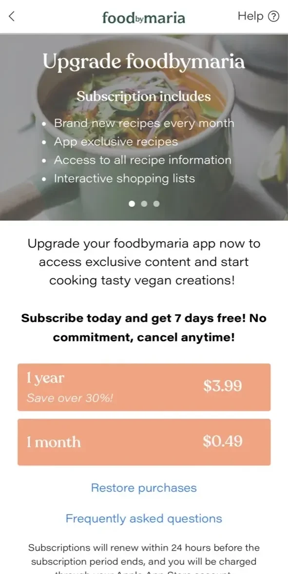 foodbymaria Delicious Recipes paywall screen
