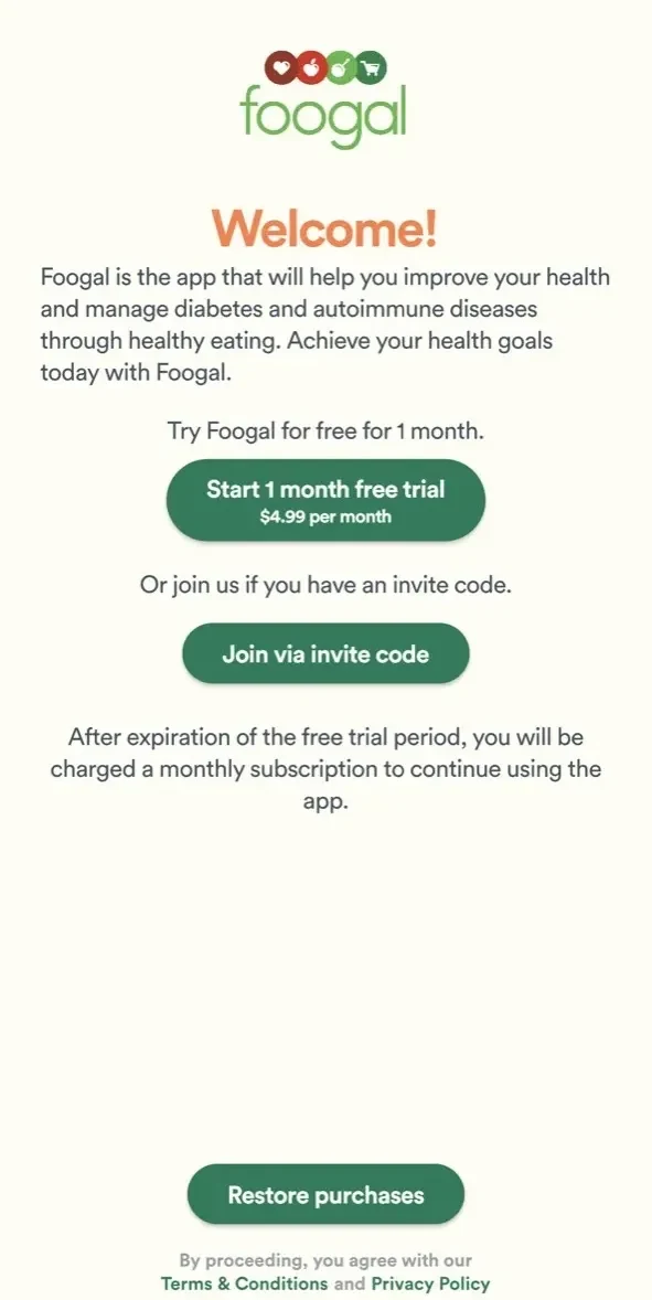 Foogal paywall screen