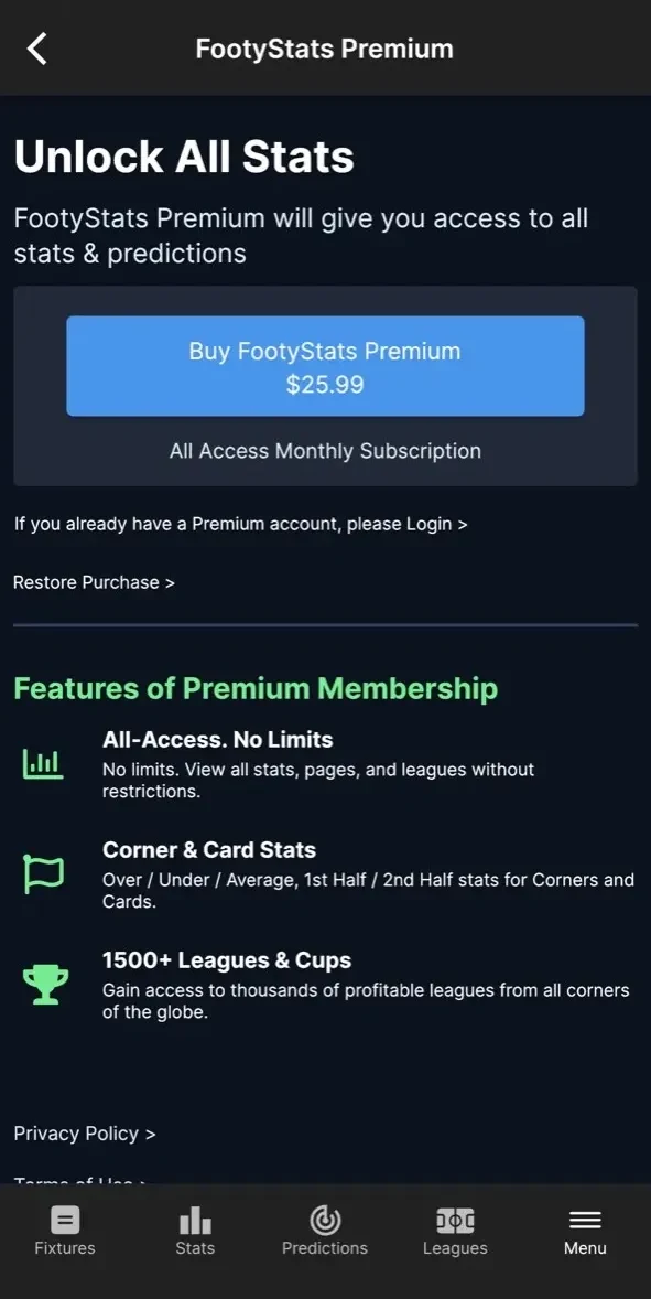 FootyStats paywall screen