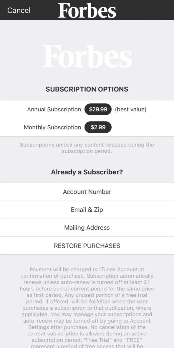 Forbes Magazine paywall screen