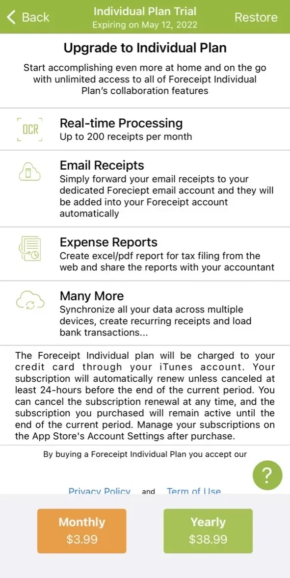 Foreceipt Receipt Tracker App paywall screen