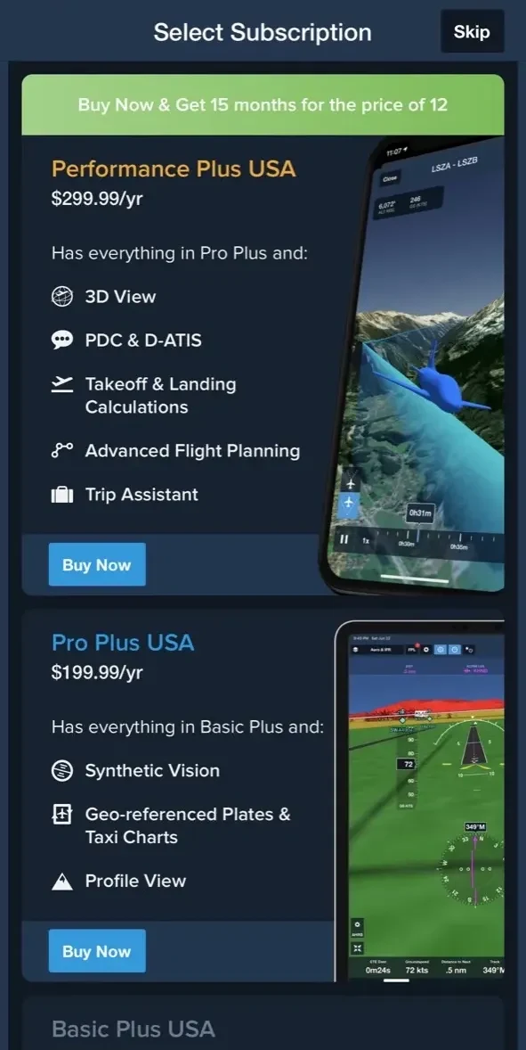 ForeFlight Mobile EFB paywall screen