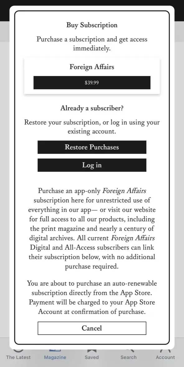 Foreign Affairs Magazine paywall screen