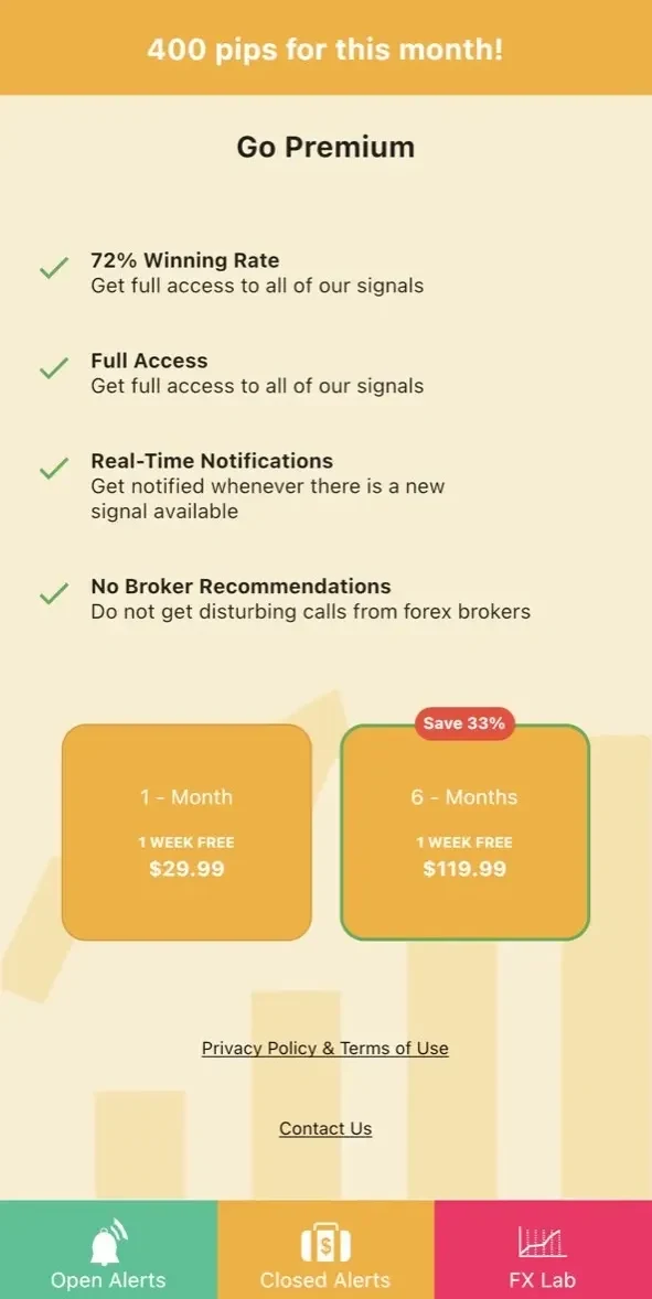 Forex Alerts paywall screen