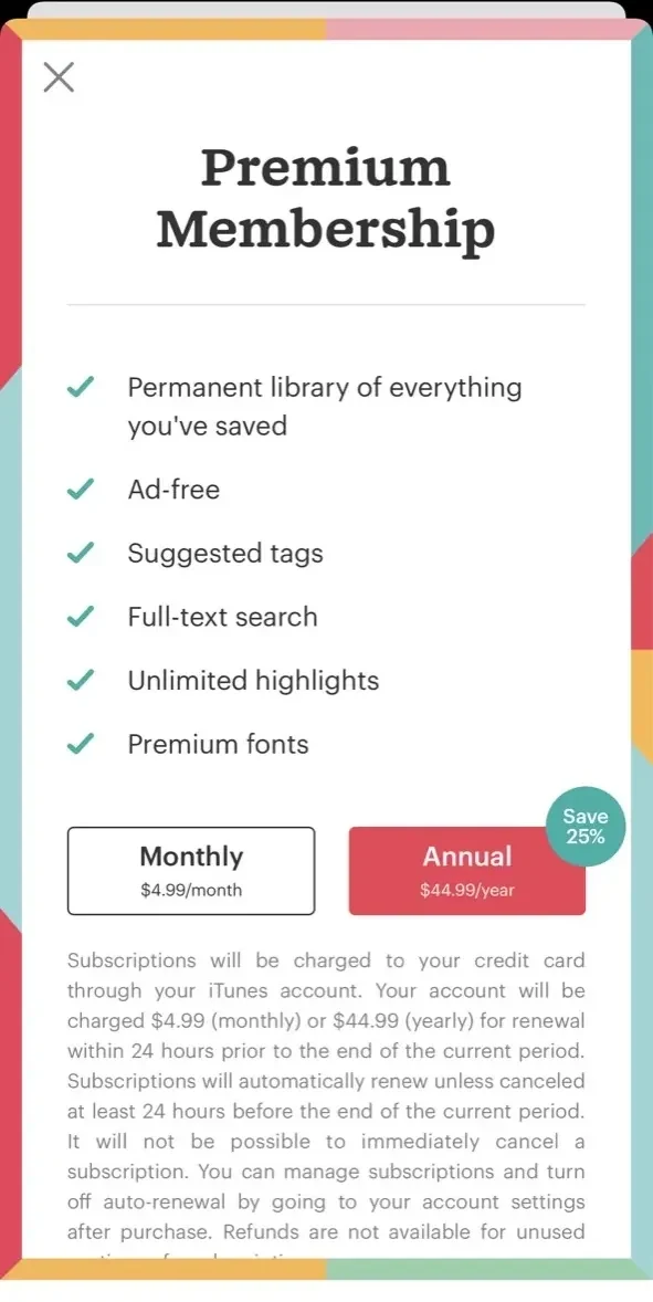 Pocket paywall screen