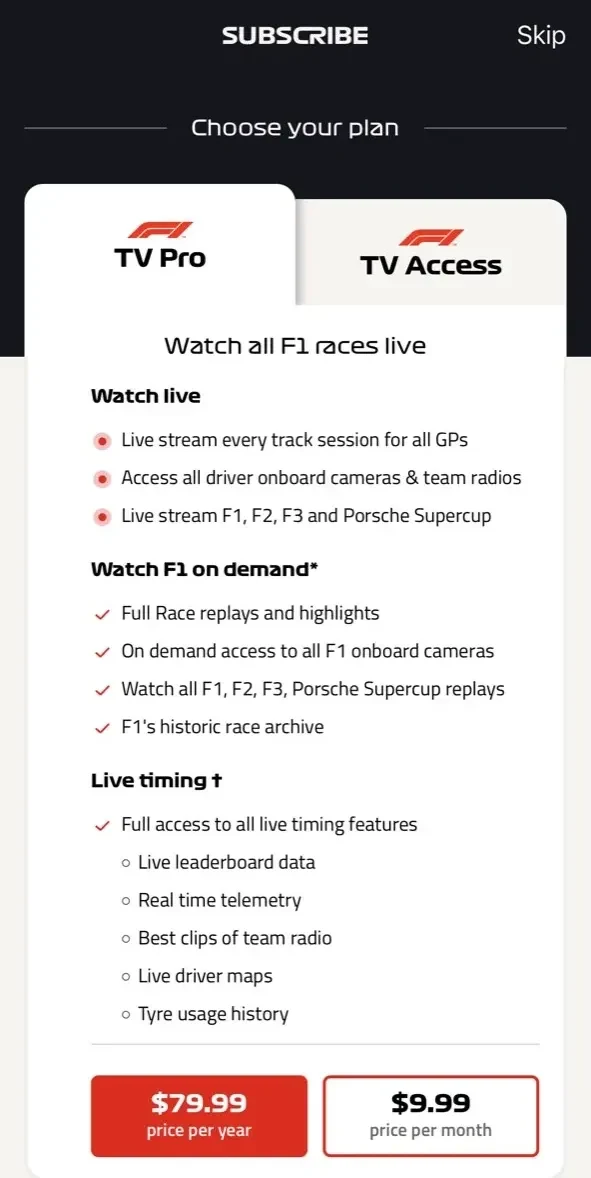 Formula 1® paywall screen