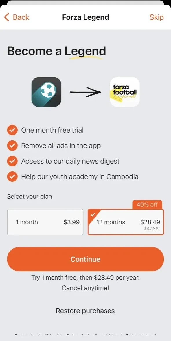 Forza Football paywall screen