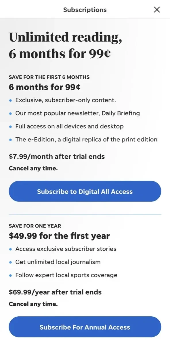 Fosters Daily Democrat paywall screen