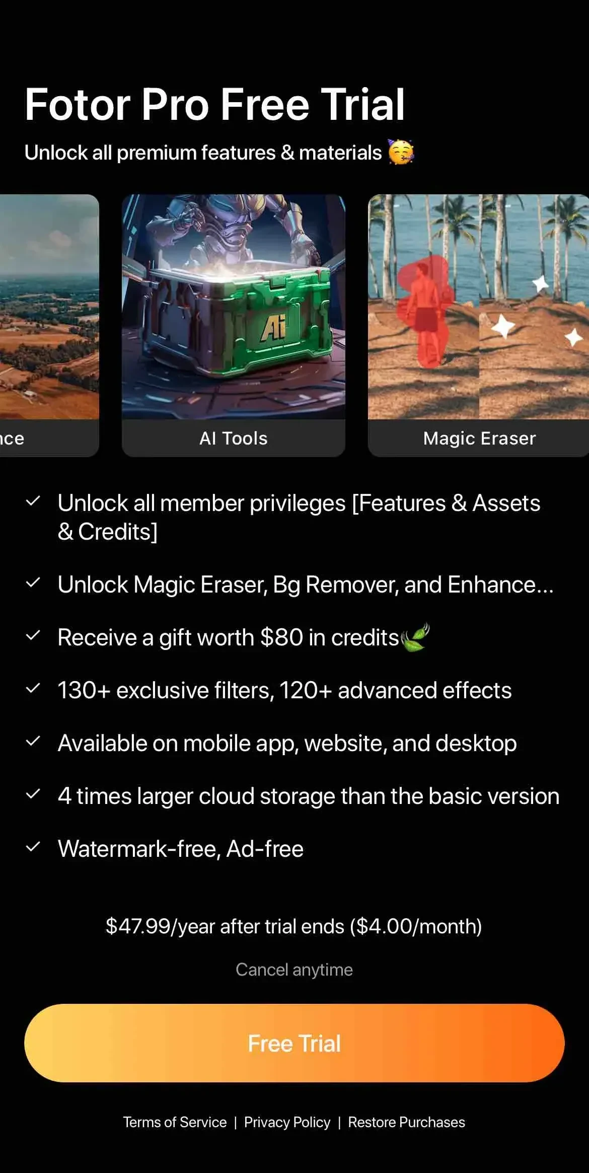 Fotor AI Photo Editor paywall screen