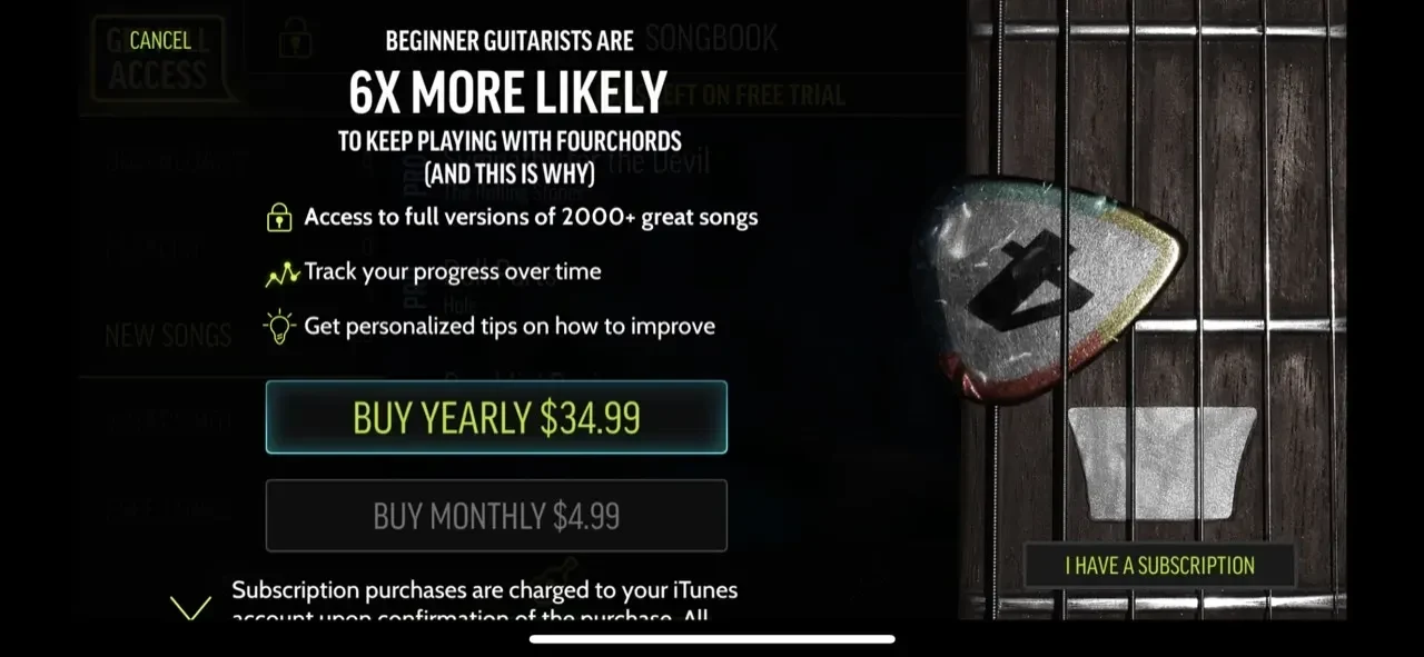 FourChords Guitar Songbook paywall screen