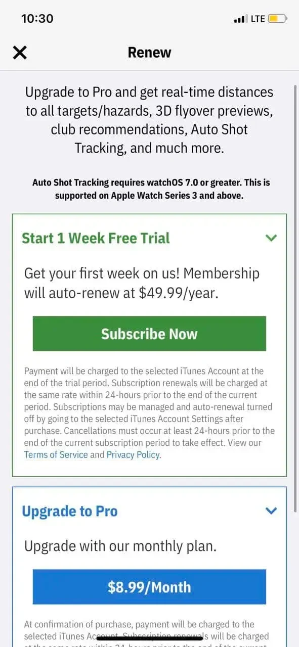 Golf GPS paywall screen
