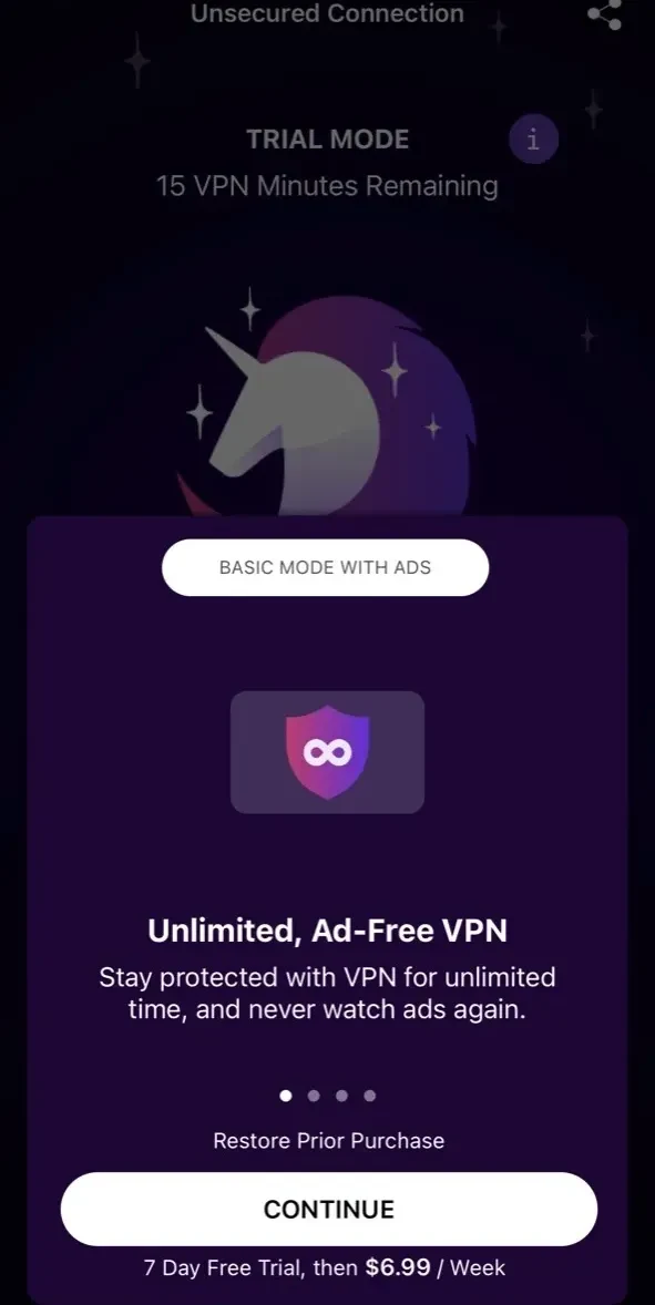 Free VPN paywall screen