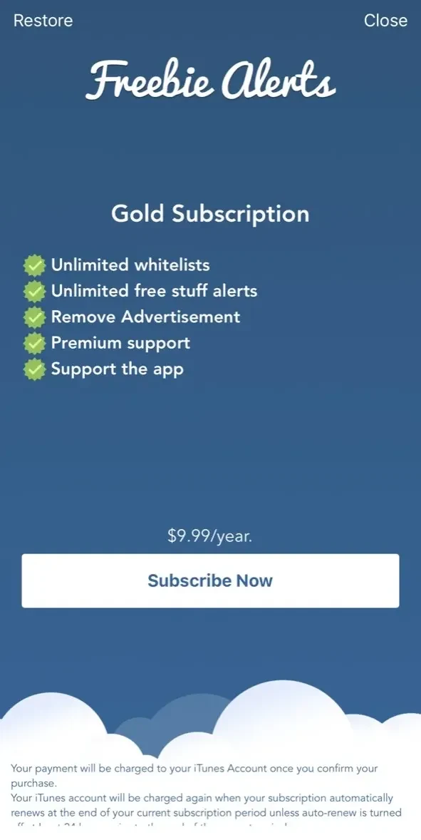 Freebie Alerts paywall screen