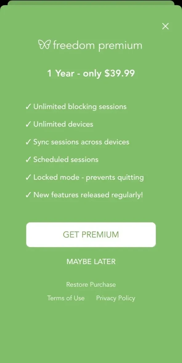 Freedom paywall screen