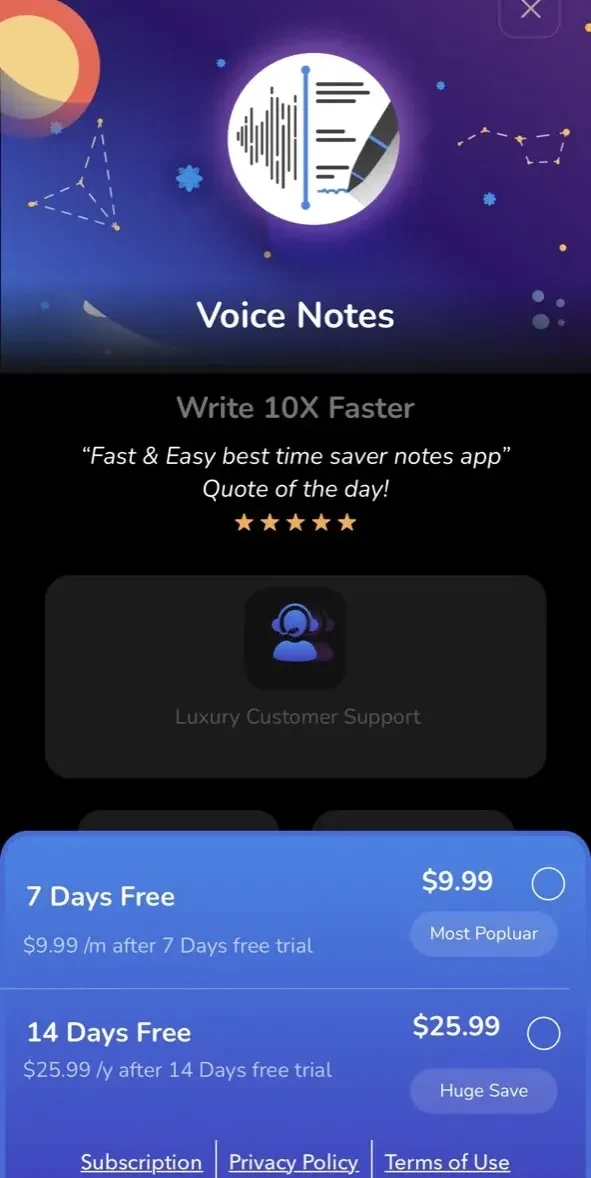 Great Notes for iPhone paywall screen