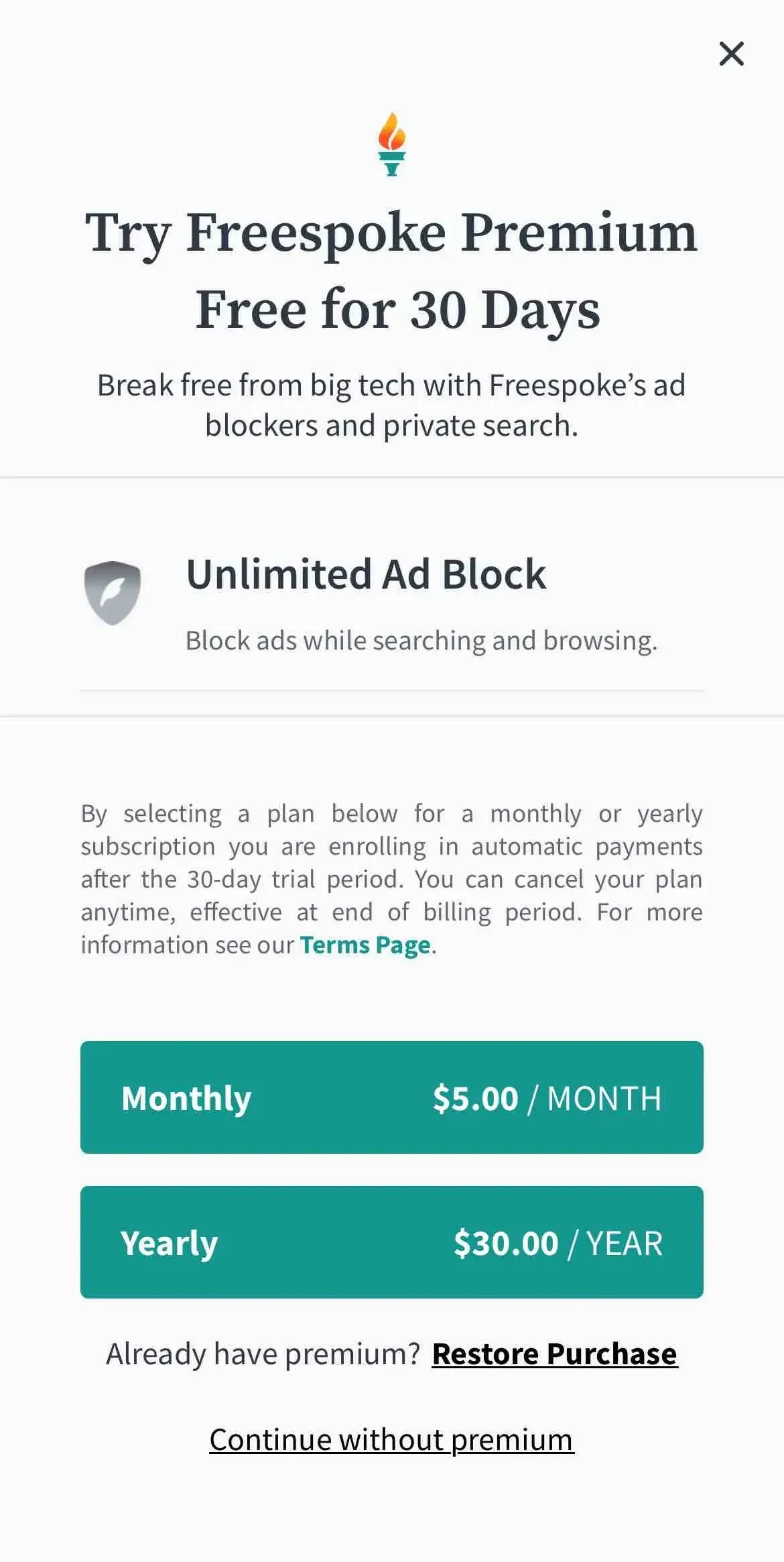 Freespoke paywall screen