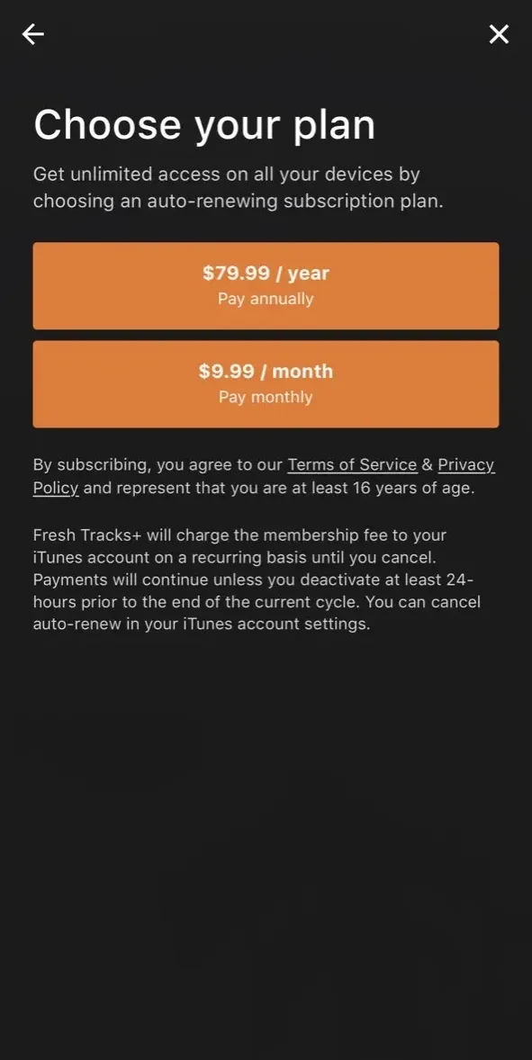 Fresh Tracks+ paywall screen