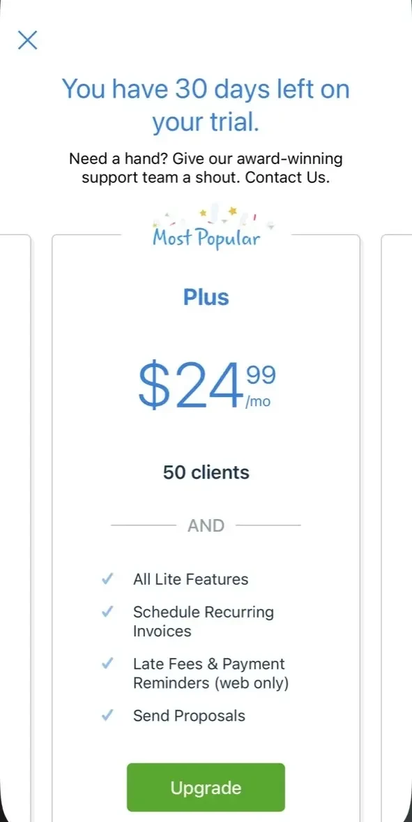 FreshBooks Invoicing App paywall screen