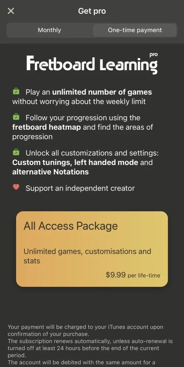 Fretboard Learning paywall screen