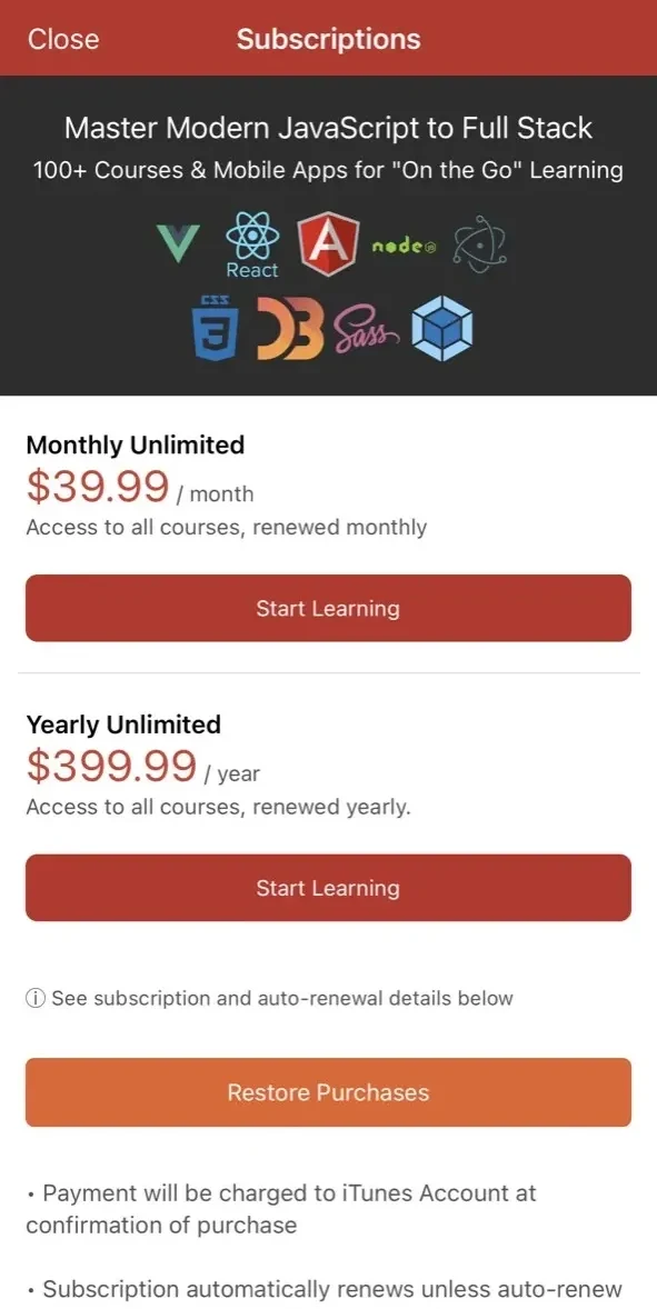 Frontend Masters paywall screen