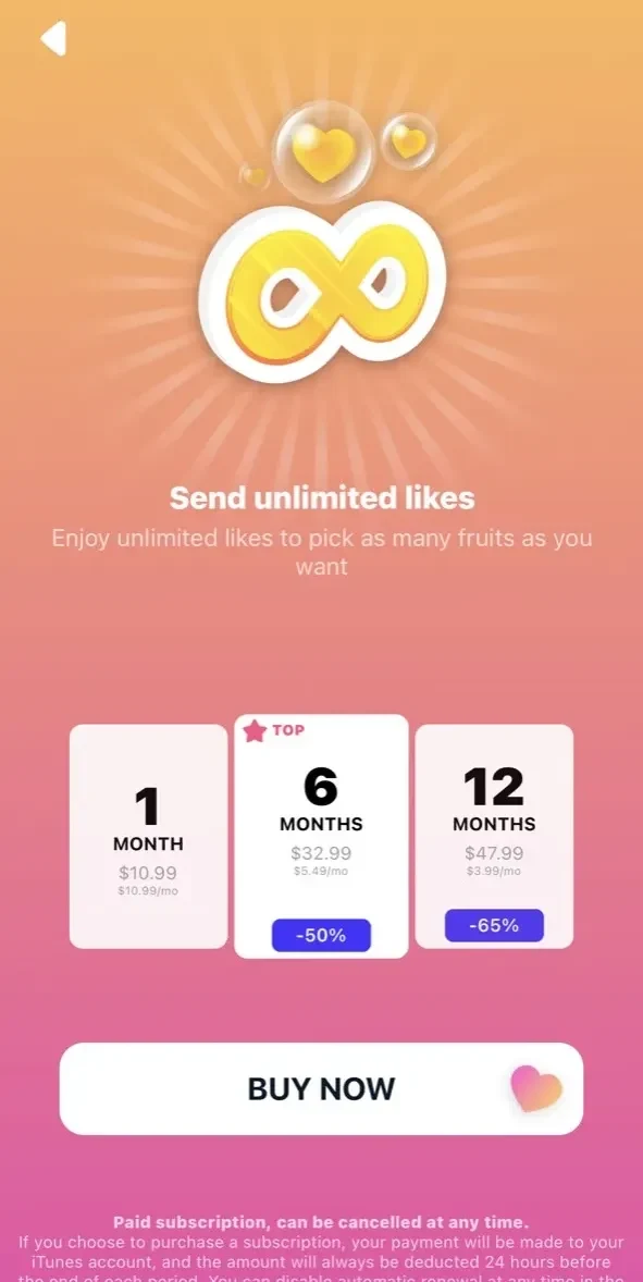 Fruitz paywall screen