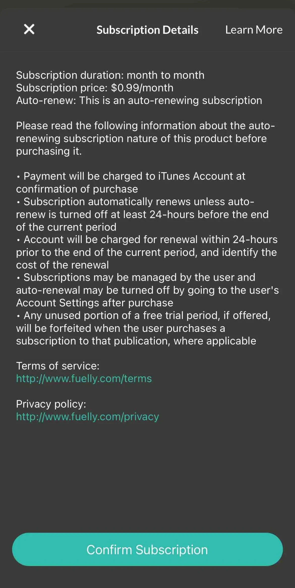 Fuelly paywall screen