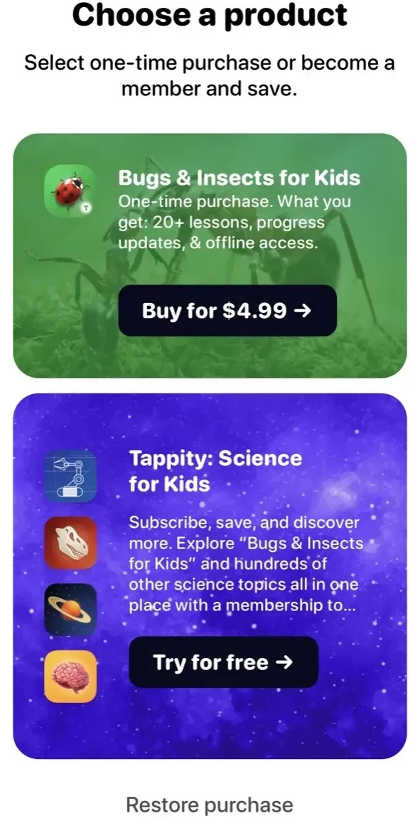 Fun Insects paywall screen