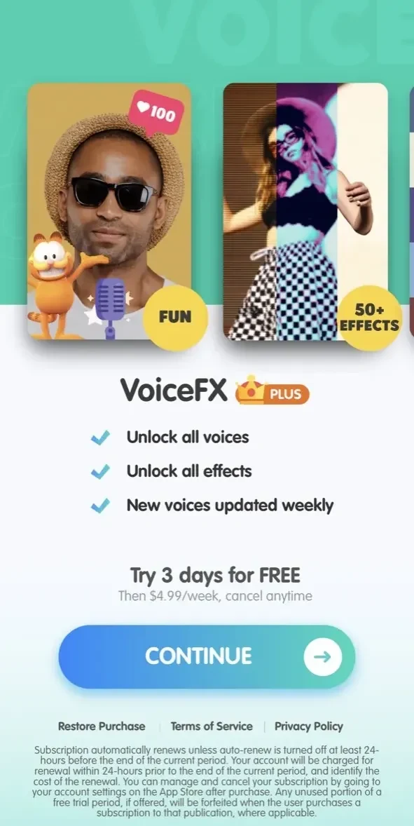 Funny Voice Effects paywall screen