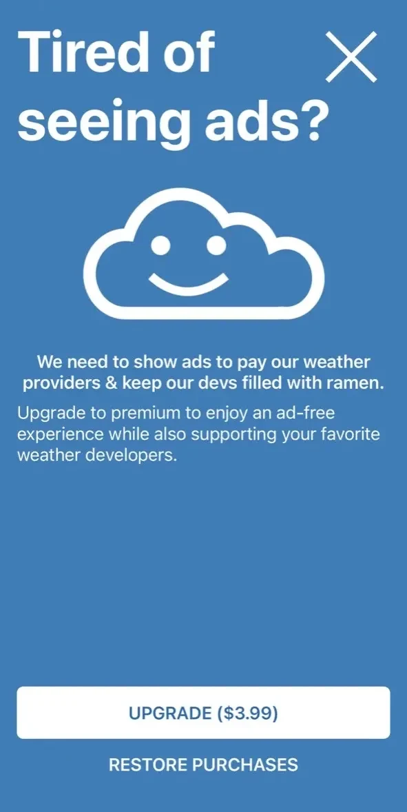 Funny Weather paywall screen