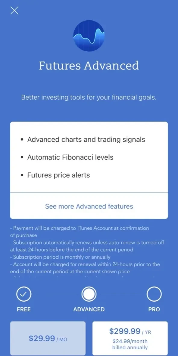 Futures paywall screen